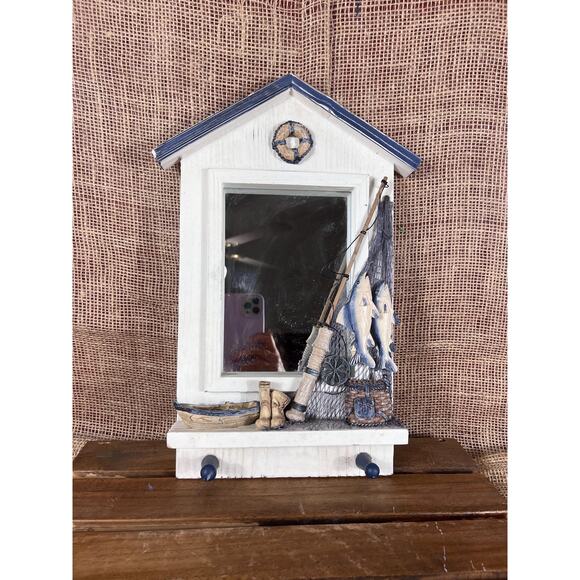 Wood Nautical “Gone Fishing” Theme Mirror with 2 Hanger Shelf~Bathroom Decor - Picture 7 of 9